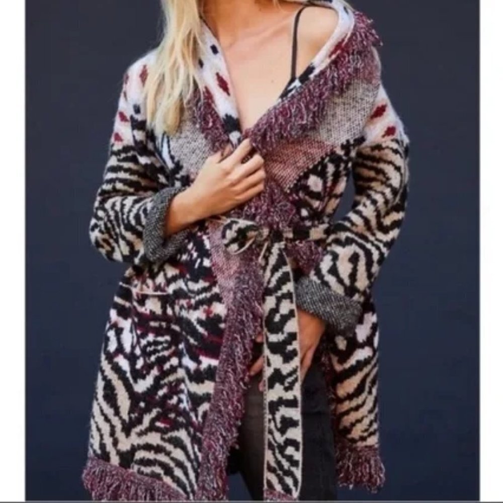 Anthropologie Sweater Women's 1X Paloma Fringed Animal Print Belted Cardigan - Picture 15 of 15